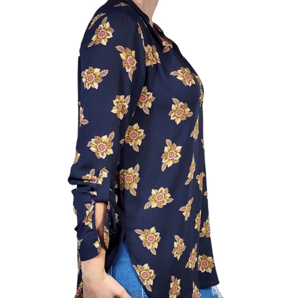 Women's Loft blouse navy floral long sleeve roll tab hi low hem tunic - Picture 3 of 7
